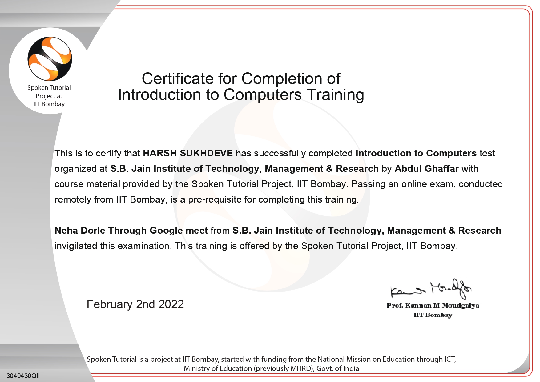 Introduction to Computers Training Certificate